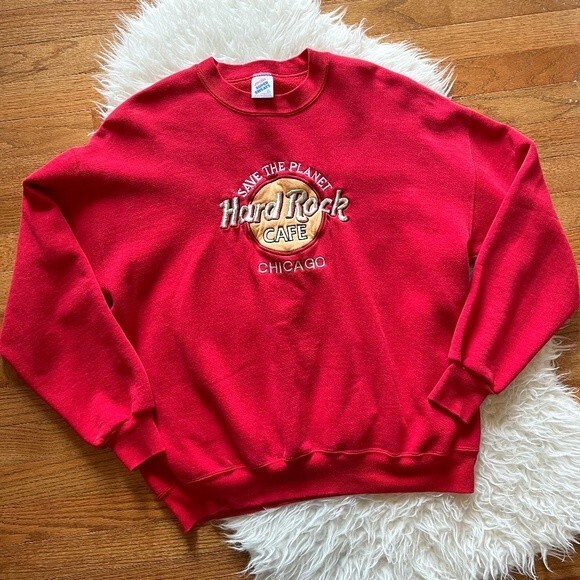 Vintage 90s Hard Rock Cafe Chicago Red Crewneck Sweatshirt | Size XL - Picture 1 of 5